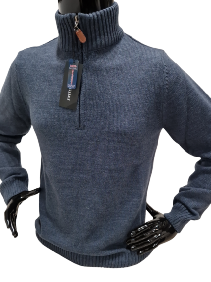 Bawełniany sweter męski ze stójką granat/jeans